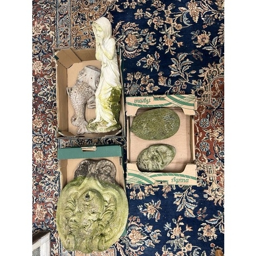 1274 - Four composition stone garden ornaments incl. a cherub fountain head, H37cm, and a Past Times resin ... 