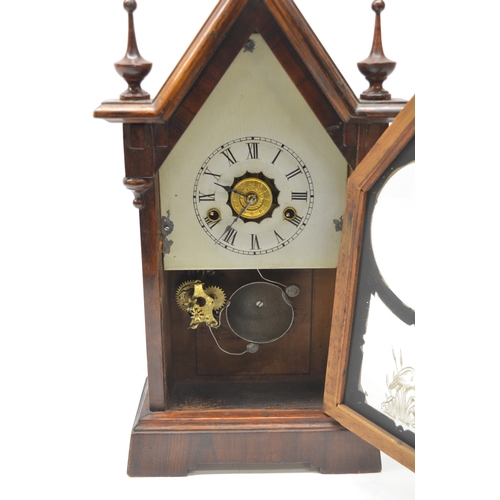 402 - Late 19th century American mahogany mantel clock with alarm, white painted Roman dial, faux mercury ... 