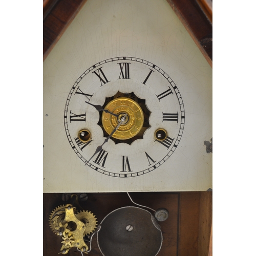 402 - Late 19th century American mahogany mantel clock with alarm, white painted Roman dial, faux mercury ... 