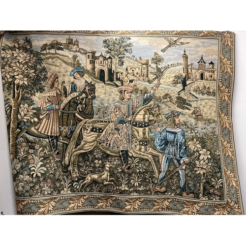 723 - Tapestry style wall hanging decorated in colours with a Falconry scene, on wooden hanging pole, 215c... 