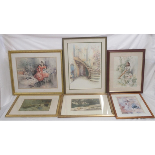 783 - M. Marton (contemporary) 'Vecchio Castile' framed watercolour, 53.4cm x 72.7cm, 2 Gordon King prints... 