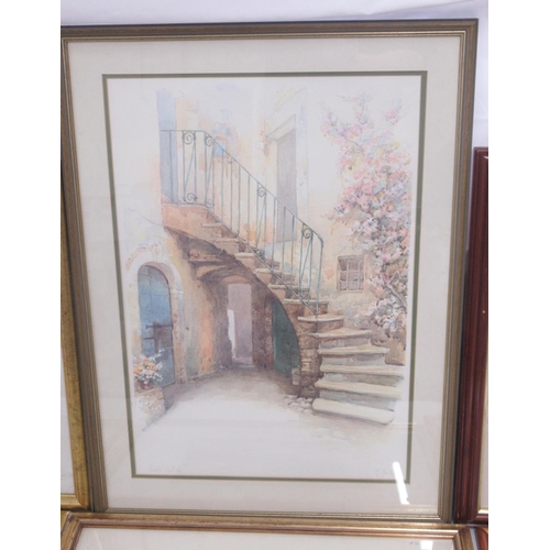 783 - M. Marton (contemporary) 'Vecchio Castile' framed watercolour, 53.4cm x 72.7cm, 2 Gordon King prints... 