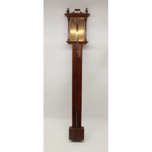 709 - Comoli, 20th century flame mahogany stick barometer, turned columns, signed engraved brass register,... 