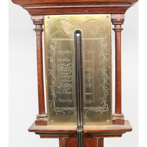 709 - Comoli, 20th century flame mahogany stick barometer, turned columns, signed engraved brass register,... 