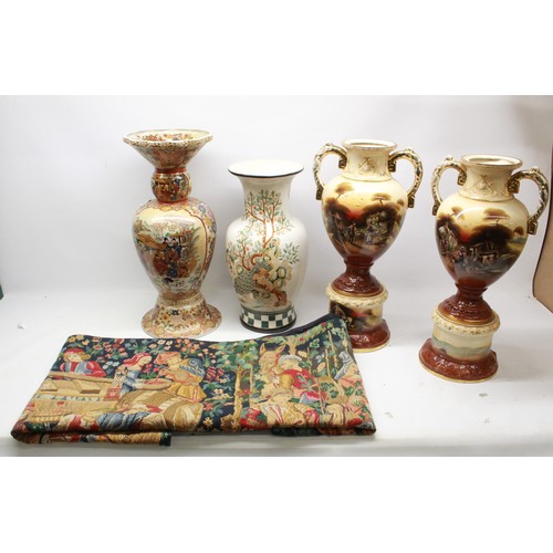 705A - Medieval style wall tapestry, pair of urns decorated with pastoral scenes, and two large vases, max.... 