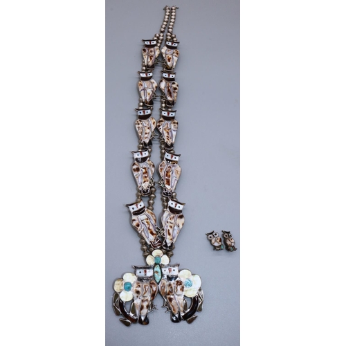 63 - Possibly Native American origin white metal beaded necklace decorated with birds, inlaid with turquo... 