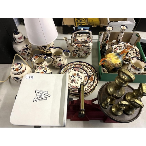 1100 - Collection of Masons Mandalay ceramics incl. candle sticks, lamp, ginger jars etc, Avery shop scales... 