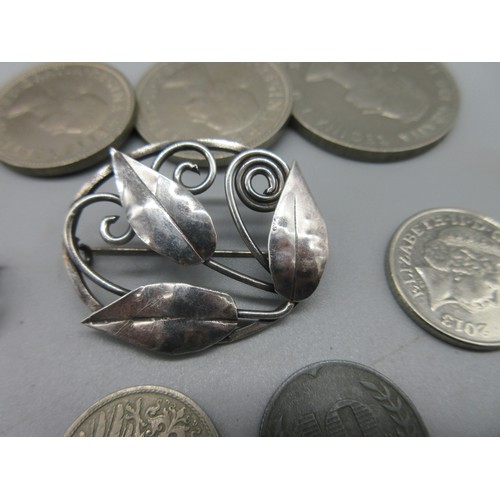 66 - A silver butterfly brooch with mother of pearl wings and a Rennie Mackintosh style brooch, both stam... 