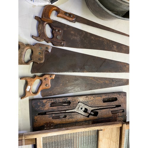 1168 - Various items incl. vintage tools, metalware, child's commode chair, fishing equipment in wicker bas... 