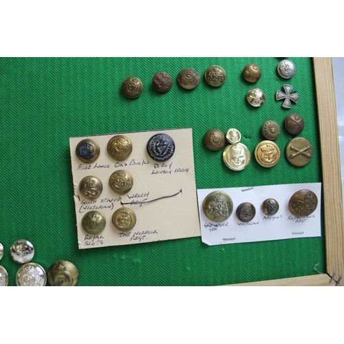 Large framed collection of military buttons. A.R.P. R.N. Yorkshire Reg ...