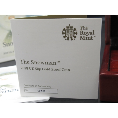 1062 - The Royal Mint - The Snowman 2018 UK 50p Gold Proof Coin, No.048/400, with COA in original case with... 