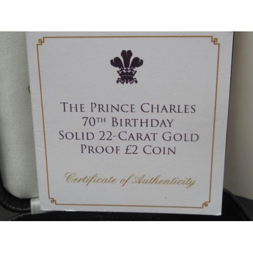 1059 - The Jubilee Mint - The Prince Charles 70th Birthday Solid 22ct Gold Proof Alderney £2 Coin, limited ... 