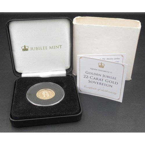 1072 - Jubilee Mint - Queen Elizabeth II Golden Jubilee 22ct Gold Sovereign, ltd.ed. Presentation of 795, w... 