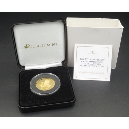 1073 - The Jubilee Mint -The 50th Anniversary of Decimalisation Pure 24ct Gold Proof 50 Pence Tristan Da Cu... 