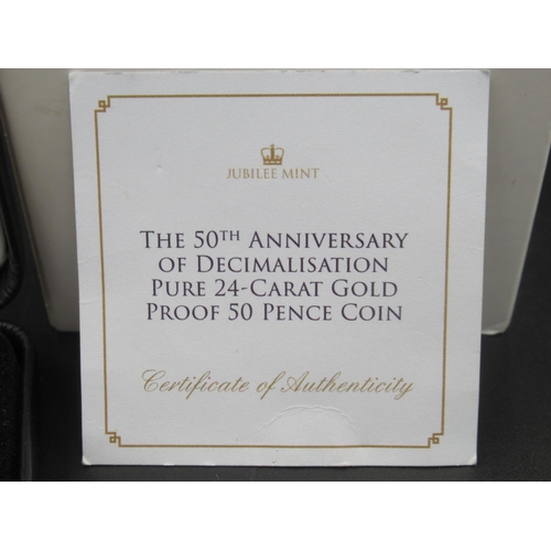 1073 - The Jubilee Mint -The 50th Anniversary of Decimalisation Pure 24ct Gold Proof 50 Pence Tristan Da Cu... 