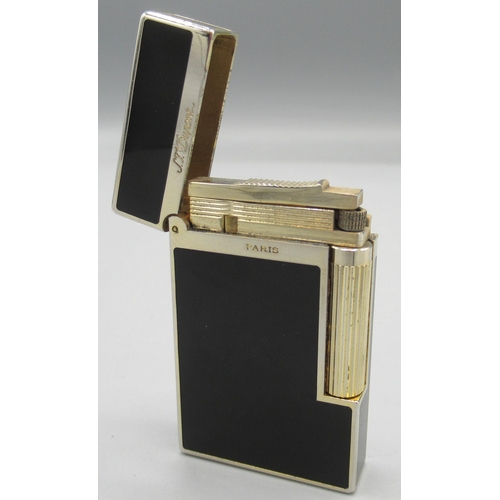 1162 - S.T. Dupont, Paris - gold plated butane cigarette lighter, black enamelled body, base signed no. 4FK... 