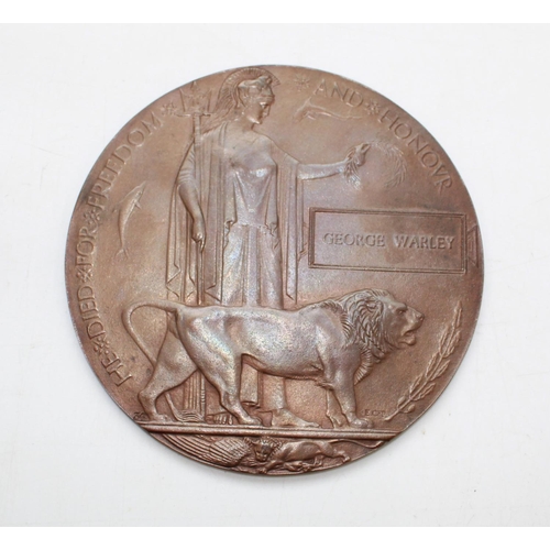 1200 - WI Victory Medal, 1914- 1918 War Medal To 140367 Gnr G. Warley Royal Artillery. Memorial Plaque sent... 