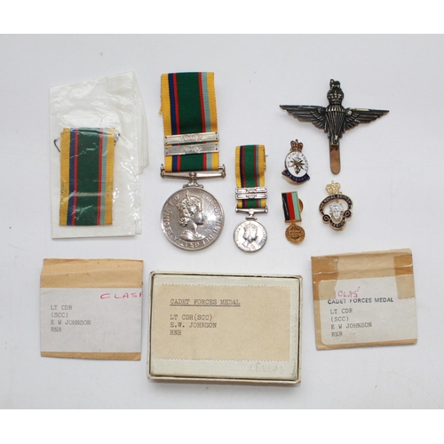 1202 - Cadet Force Medal with two clasps and miniature to Lt Cdr (SCC) E.W. Johnson RNR. Veteran badge, Bri... 