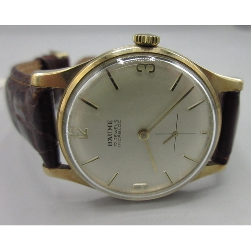 564 - 1970's Baume 9ct gold presentation wristwatch, signed brushed silvered dial, Arabic and baton indice... 