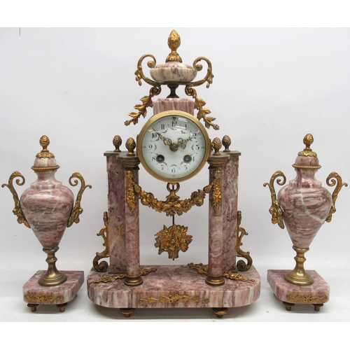 1118 - Late 19th century pink marble three piece clock garniture, portico clock with convex painted Arabic ... 