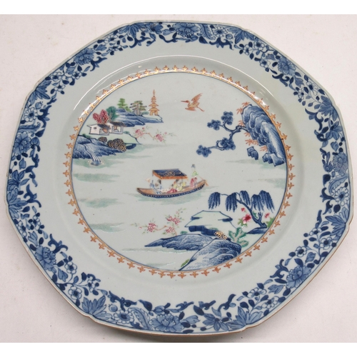 1130 - Chinese octagonal plate, polychrome decorated with Sampan on a lake with pagodas, in repeating flora... 