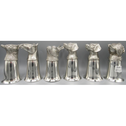 1036 - Set of six Silver coloured metal Hunting themed Stirrup Cups, two hounds, Fox, Hare, Partridge, Hors... 