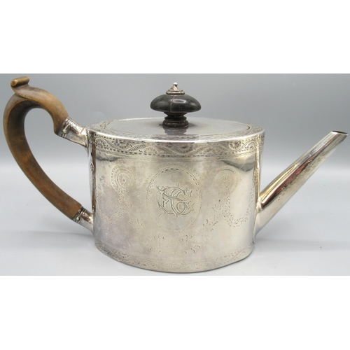 1043 - George 111 silver teapot, ovoid body bright cut and engraved with floral swags, undulating borders, ... 