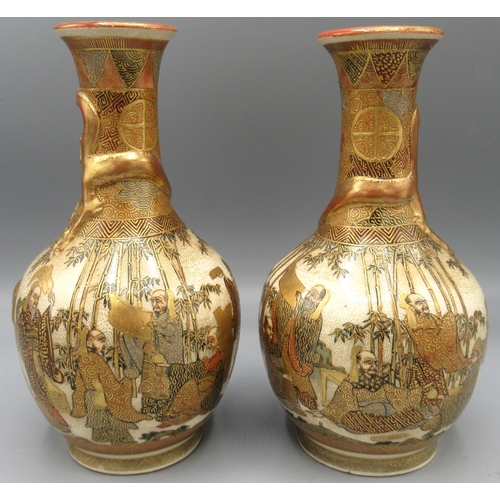 1131 - Pair of Meiji period Japanese Satsuma pottery mallet shaped vases, bodies decorated with scholars in... 