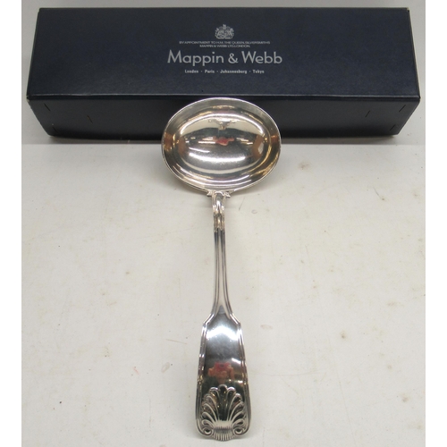 1044 - Large Edwardian silver Fiddle, thread & shell pattern soup ladle, makers mark unclear, London 1900, ... 