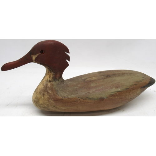 1101 - 20th century painted wooden Merganser decoy bird, red head with glass eyes, titled on base and dated... 