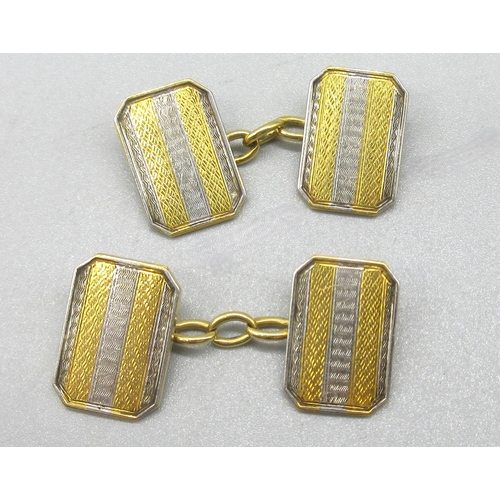 1010 - 18ct yellow gold and platinum cufflinks with squared corners and engine turned detail, stamped 18ct ... 