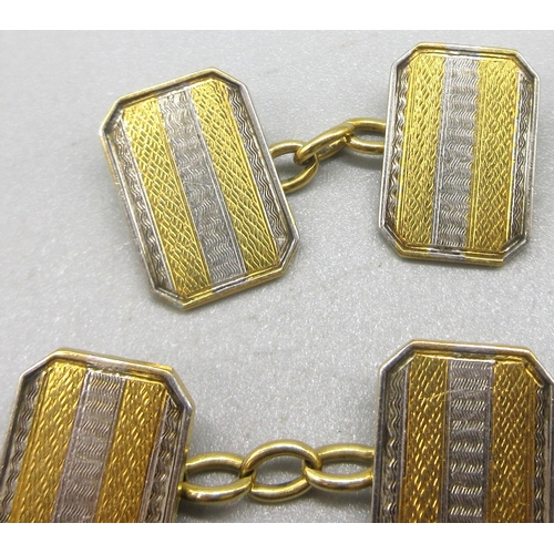 1010 - 18ct yellow gold and platinum cufflinks with squared corners and engine turned detail, stamped 18ct ... 