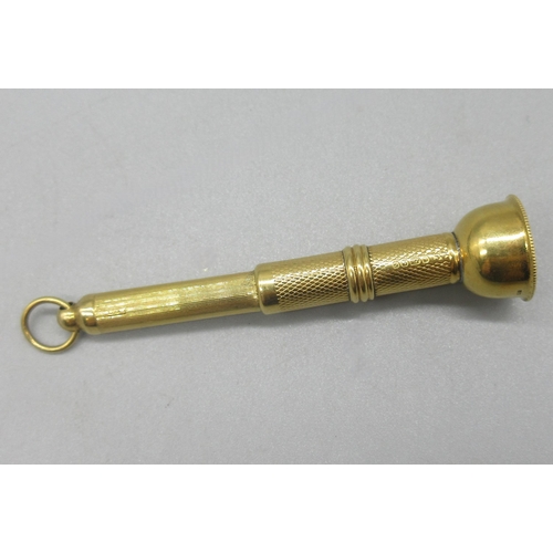 1008 - 18ct yellow gold cigar piercer with engine turned detail, with engraved initials C.L.P.M to rim, 9.5... 