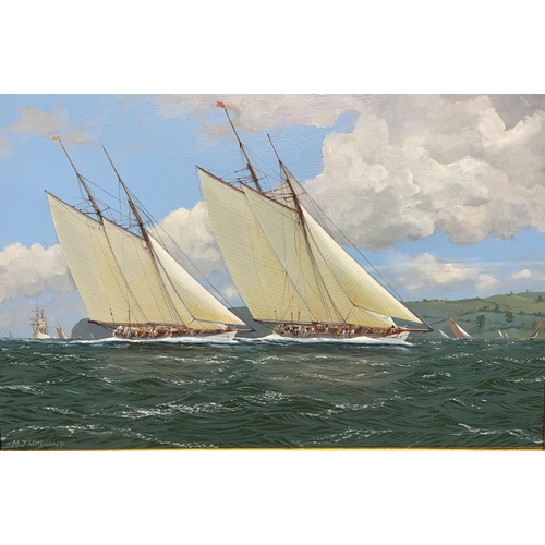 1210 - Michael J Whitehand (British 1941-); Racing Yachts off the Coast, oil on canvas, signed, 47cm x 72cm