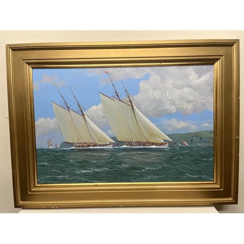 1210 - Michael J Whitehand (British 1941-); Racing Yachts off the Coast, oil on canvas, signed, 47cm x 72cm