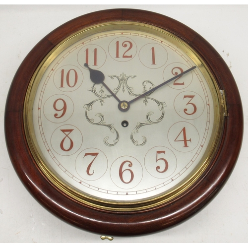 1119 - 20th century mahogany wall clock, 12in circular silvered dial with Arabic numerals in roundels, scro... 