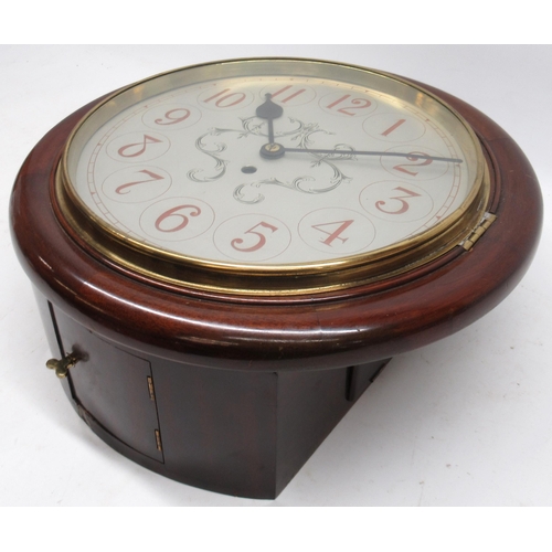 1119 - 20th century mahogany wall clock, 12in circular silvered dial with Arabic numerals in roundels, scro... 