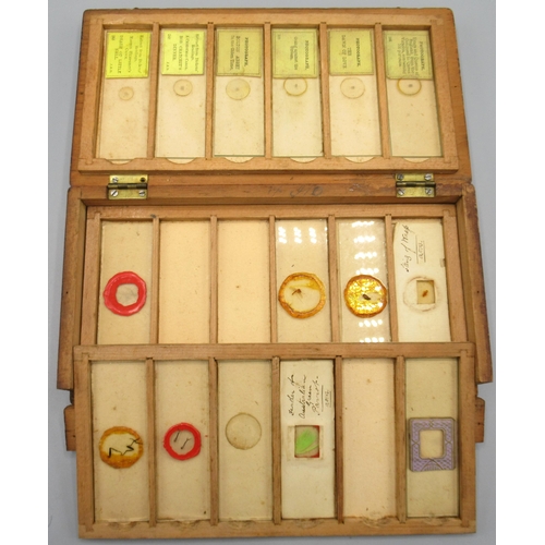 1156 - Victorian microscope slide storage box, four lift out trays, containing a quantity of microphotograp... 