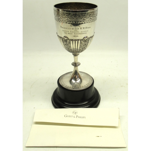 1040 - Victorian silver trophy goblet, part lobed and acanthus cast body engraved 'M.Y.C, Presented by Sir ... 