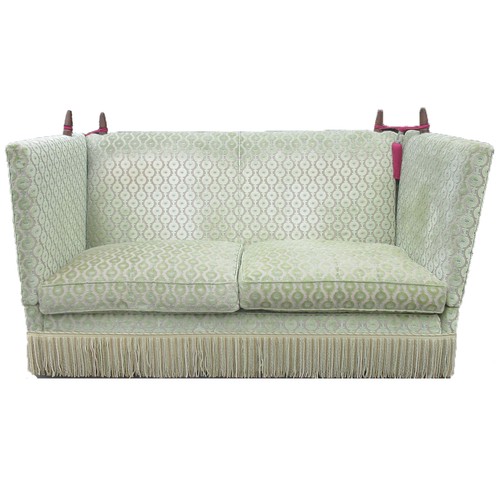 1317 - Knole type upholstered sofa, with two drop down arms, loose seat cushions and fringed frieze, W330cm... 