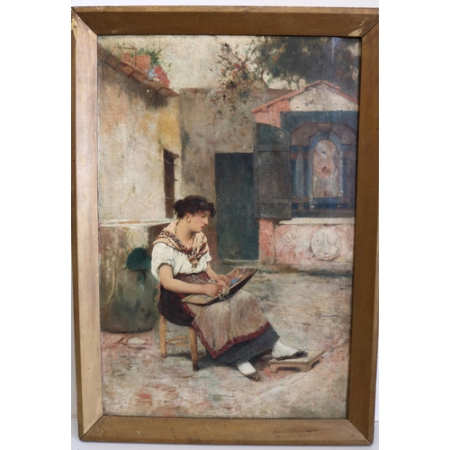 1213 - Oliver Rays (20th century); Young Girl needleworking in a street, oil on canvas, indistinctly signed... 