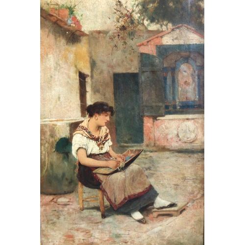 1213 - Oliver Rays (20th century); Young Girl needleworking in a street, oil on canvas, indistinctly signed... 