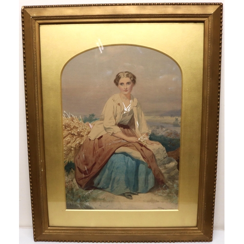 1228 - English School (19th century); Young Lady seated with sheaf in an extensive landscape, watercolour h... 