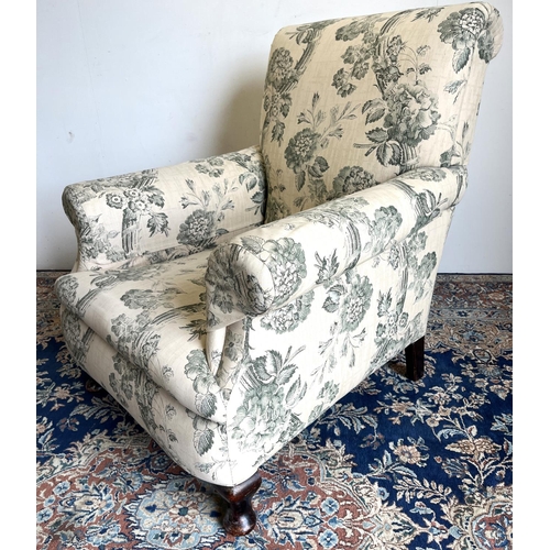 1325 - Edwardian arm chair with scrolled back and arms upholstered in green Toile, on cabriole legs with pa... 