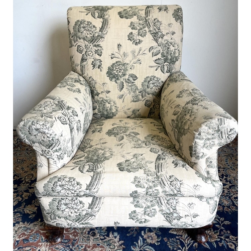 1325 - Edwardian arm chair with scrolled back and arms upholstered in green Toile, on cabriole legs with pa... 