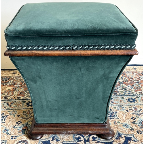 1337 - Victorian square tapered stool, with hinged upholstered top on four bun feet, W36cm D36cm H41cm