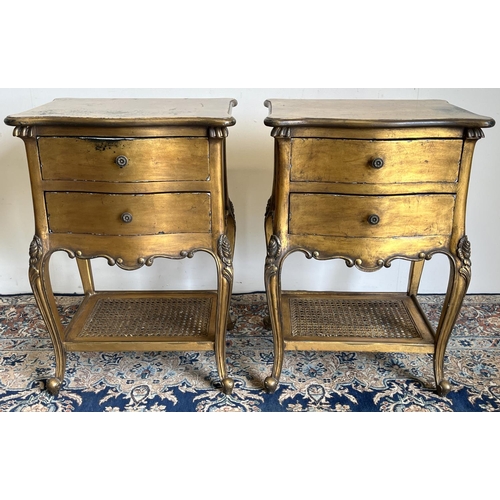 1313 - Pair of Rococo Revival serpentine front gilt side tables, with two drawers on moulded cabriole legs ... 