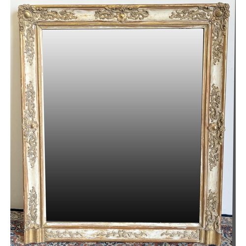 1327 - 19th century French rectangular overmantel mirror, upright plate in parcel gilt and painted gesso mo... 