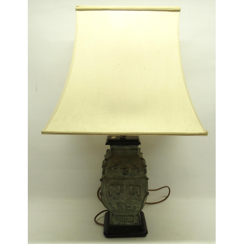 1142 - Chinese Archaic style pottery table lamp, on wooden base with shade, H72cm max