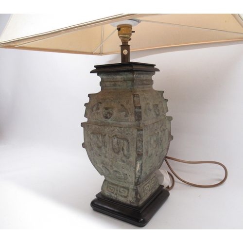 1142 - Chinese Archaic style pottery table lamp, on wooden base with shade, H72cm max